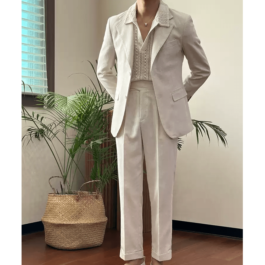 Ceehuteey Linen Classic Notch Lapel Leisure suitBlazer+Pants - Beige R