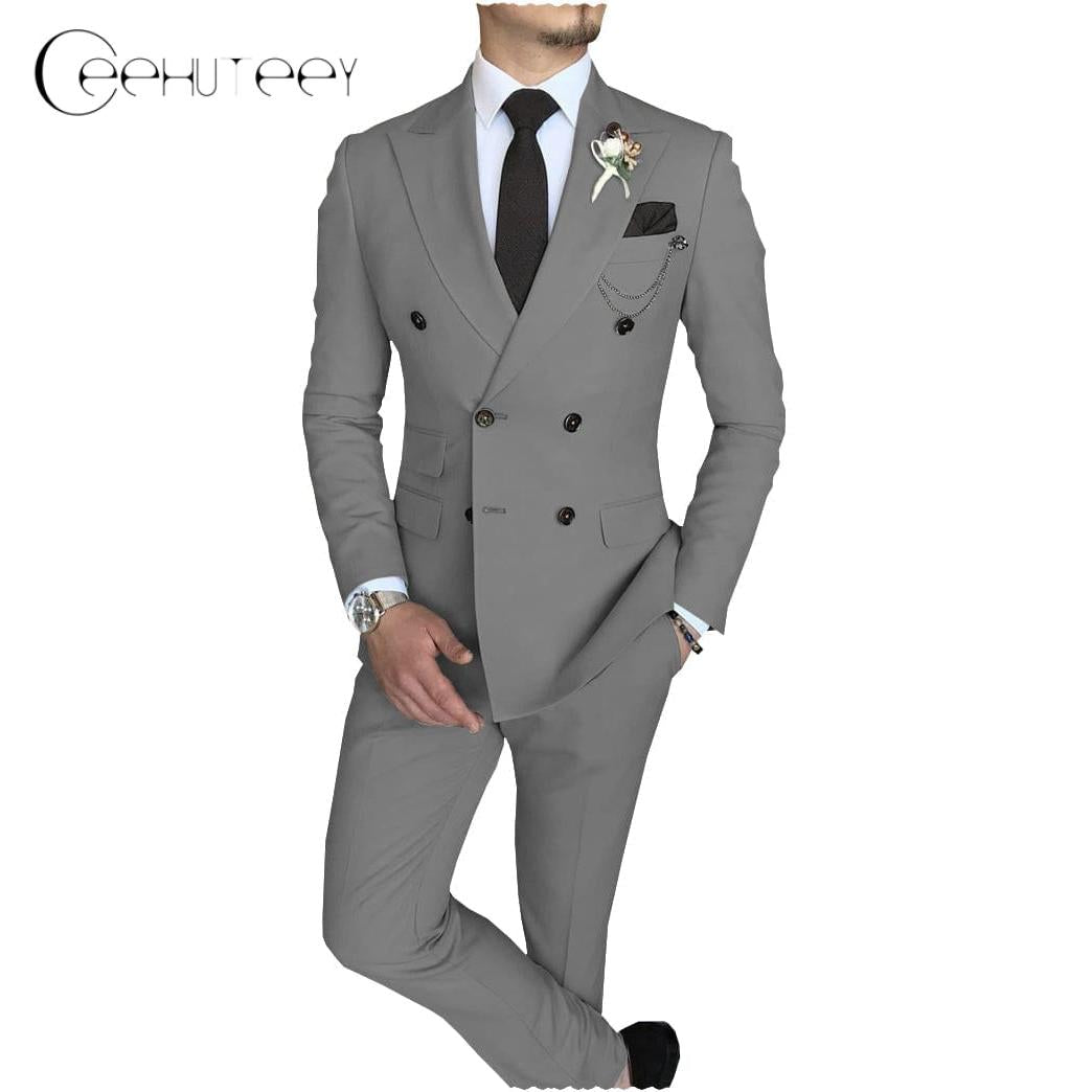 Ceehuteey Mens Piece Suit Double Breasted Peak Lapel Mens Coat Blazer+Pants - Grey R