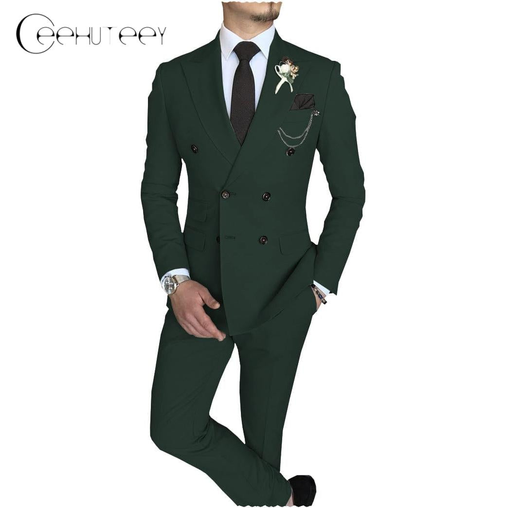 Ceehuteey Mens Piece Suit Double Breasted Peak Lapel Mens Coat Blazer+Pants - Hunt Green R