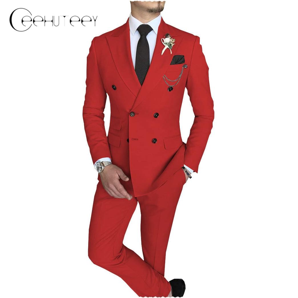 Ceehuteey Mens Piece Suit Double Breasted Peak Lapel Mens Coat Blazer+Pants - Red R