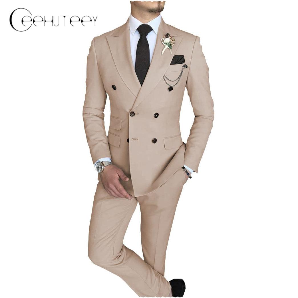 Ceehuteey Mens Piece Suit Double Breasted Peak Lapel Mens Coat Blazer+Pants - Beige R