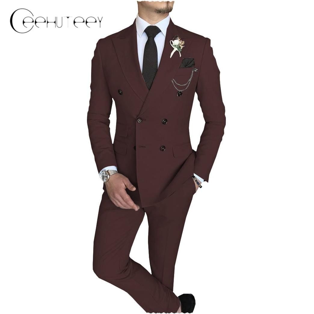 Ceehuteey Mens Piece Suit Double Breasted Peak Lapel Mens Coat Blazer+Pants - Burgundy R