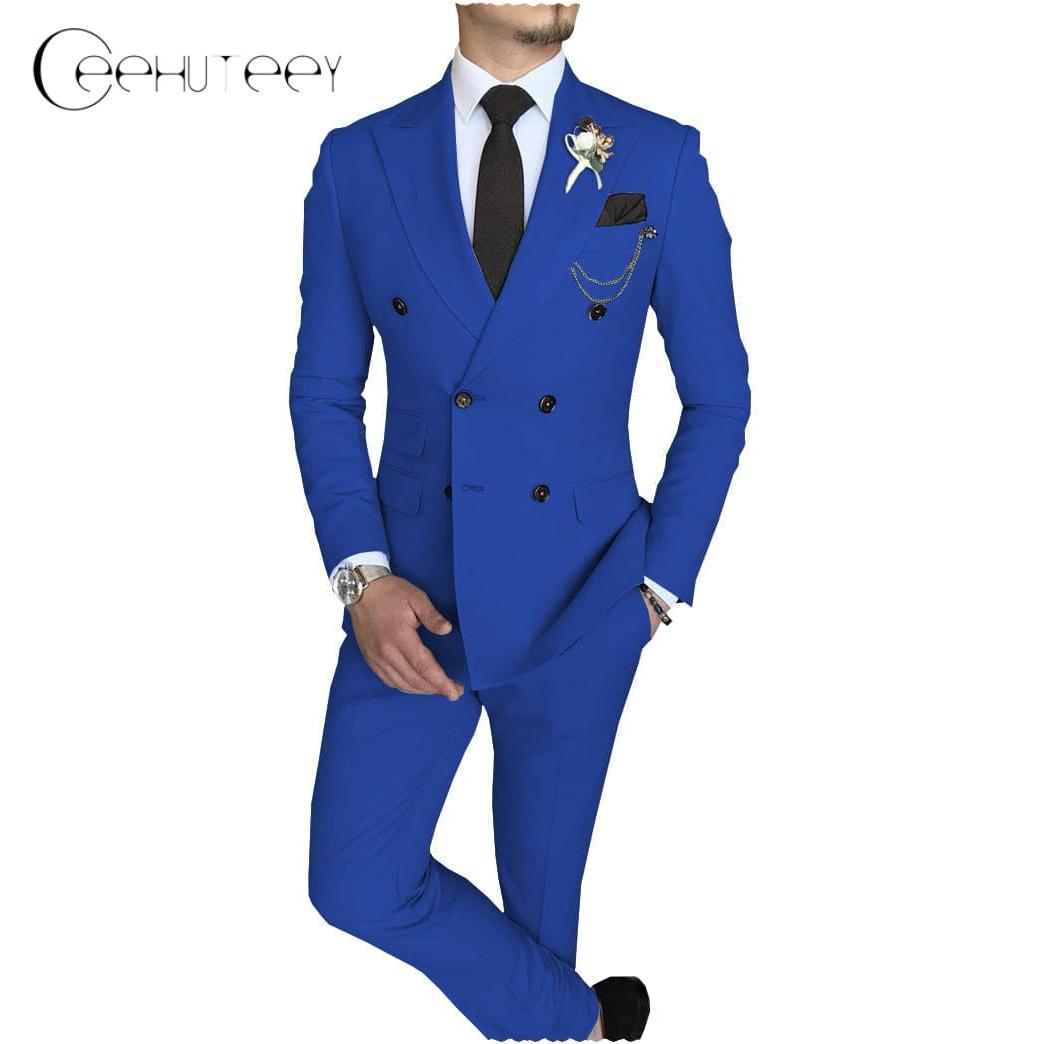 Ceehuteey Mens Piece Suit Double Breasted Peak Lapel Mens Coat Blazer+Pants - Royal Blue R