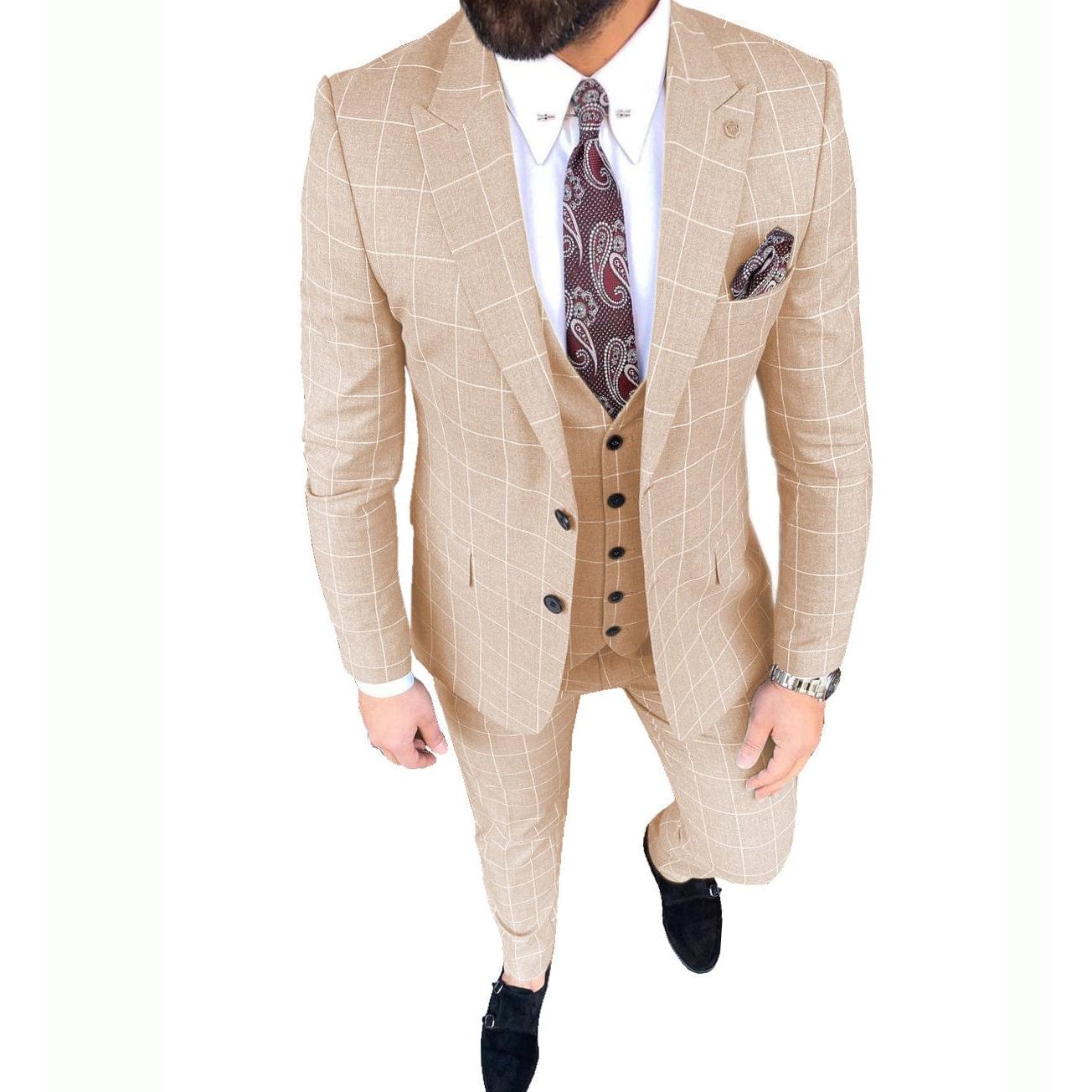 Ceehuteey Mens Suit Pieces Peak Lapel Plaid Solid Suits for GroomBlazer+Vest+Pants - Beige R
