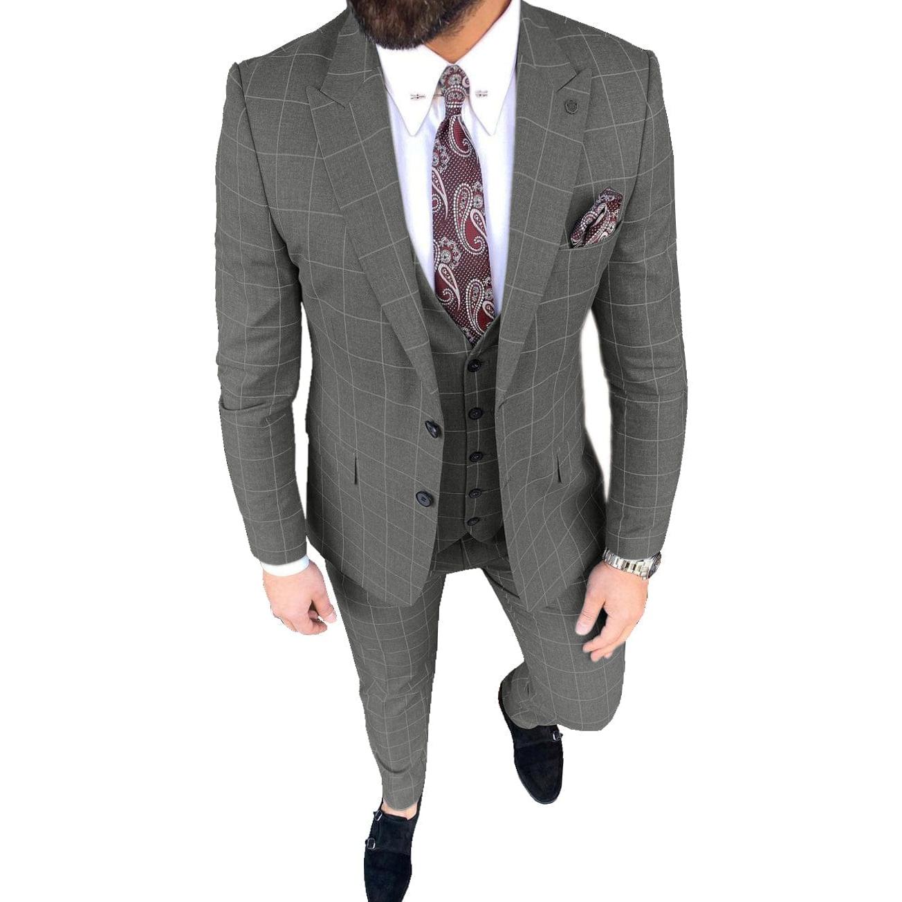 Ceehuteey Mens Suit Pieces Peak Lapel Plaid Solid Suits for GroomBlazer+Vest+Pants - Grey R