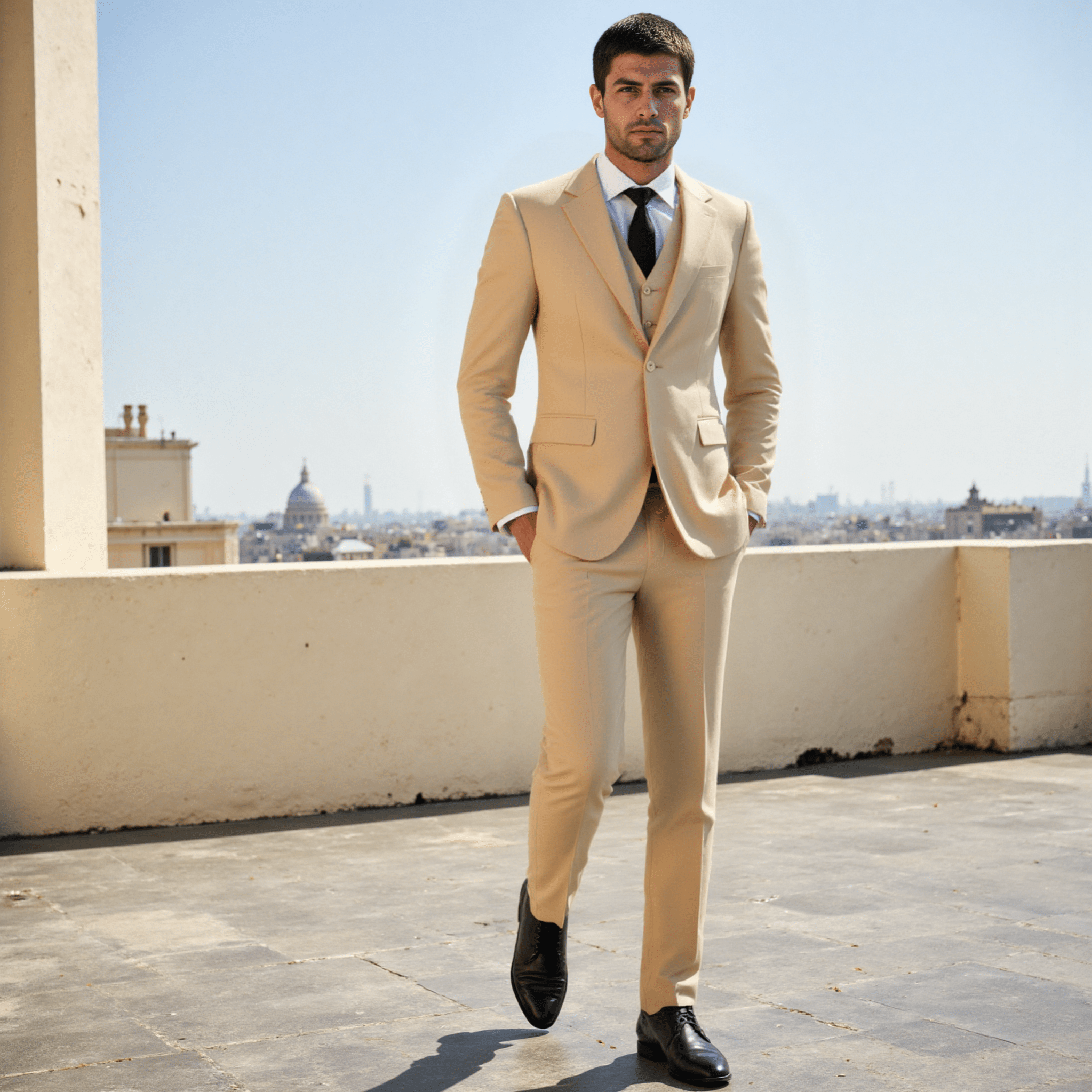 Mens Suit -Pieces Notch Lapel Solid Blazer Suit Blazer+Vest+Pants - Beige R