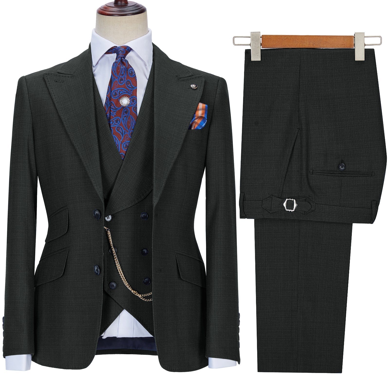 Ceehuteey Western Mens Piece Suit Express Suits Double Breasted Gent Blazer Vest Pant for Groom - Black R