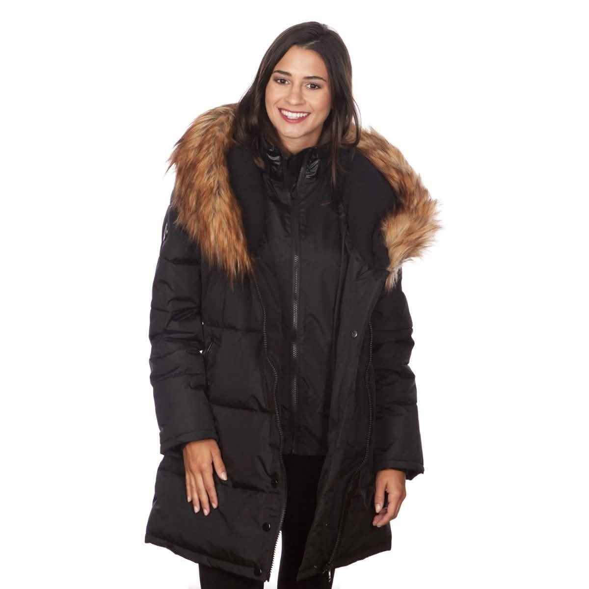 Celsius Women's Faux Fur Hooded Biker Style Puffy Coat - L Black