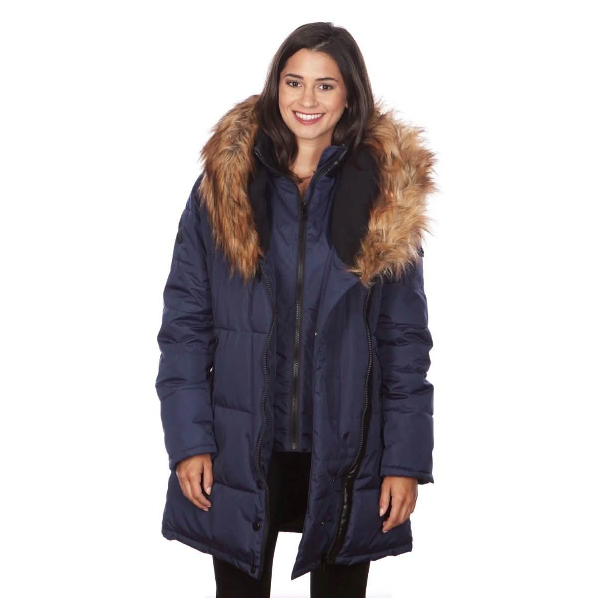 Celsius Women's Faux Fur Hooded Biker Style Puffy Coat - S Navy
