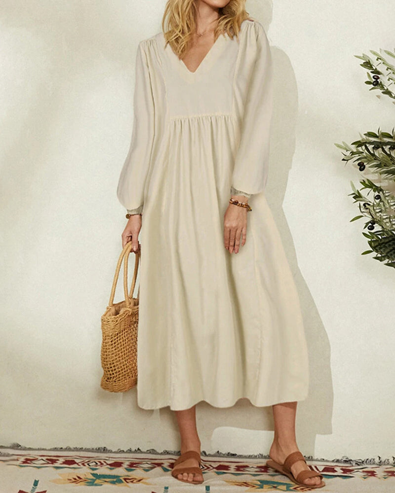 V-Neck Loose Lantern Sleeves Long Sleeve Maxi Dress - White S