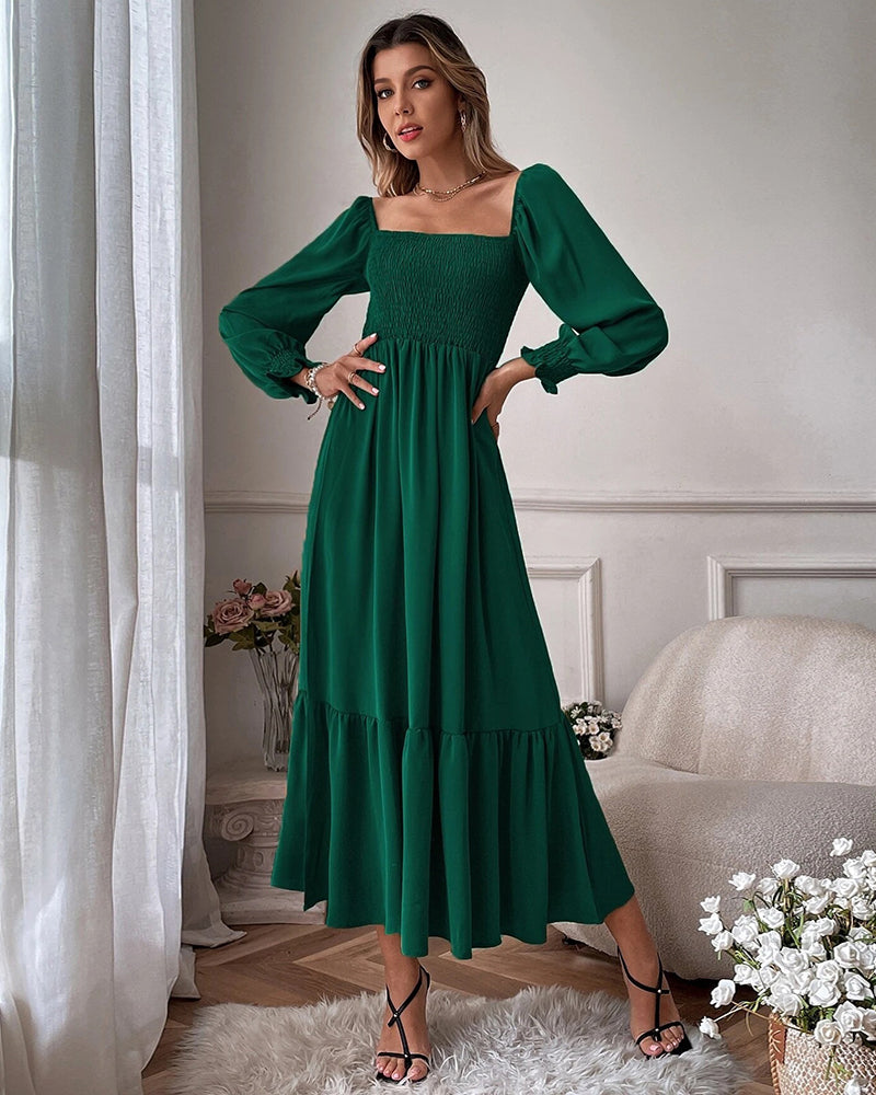 Solid Color Long Sleeve Dress Square Neck Lotus Leaf Maxi Dress - Green M