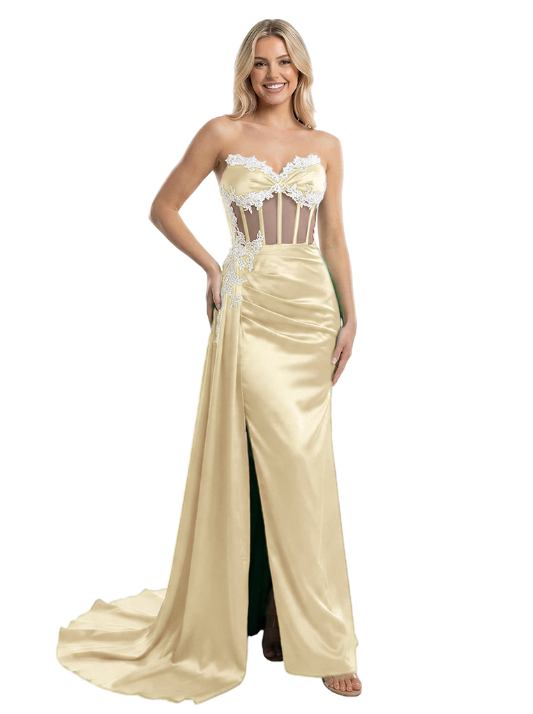Sexy Strapless Sweetheart Lace Corset Stain Mermaid Maxi Prom Dress