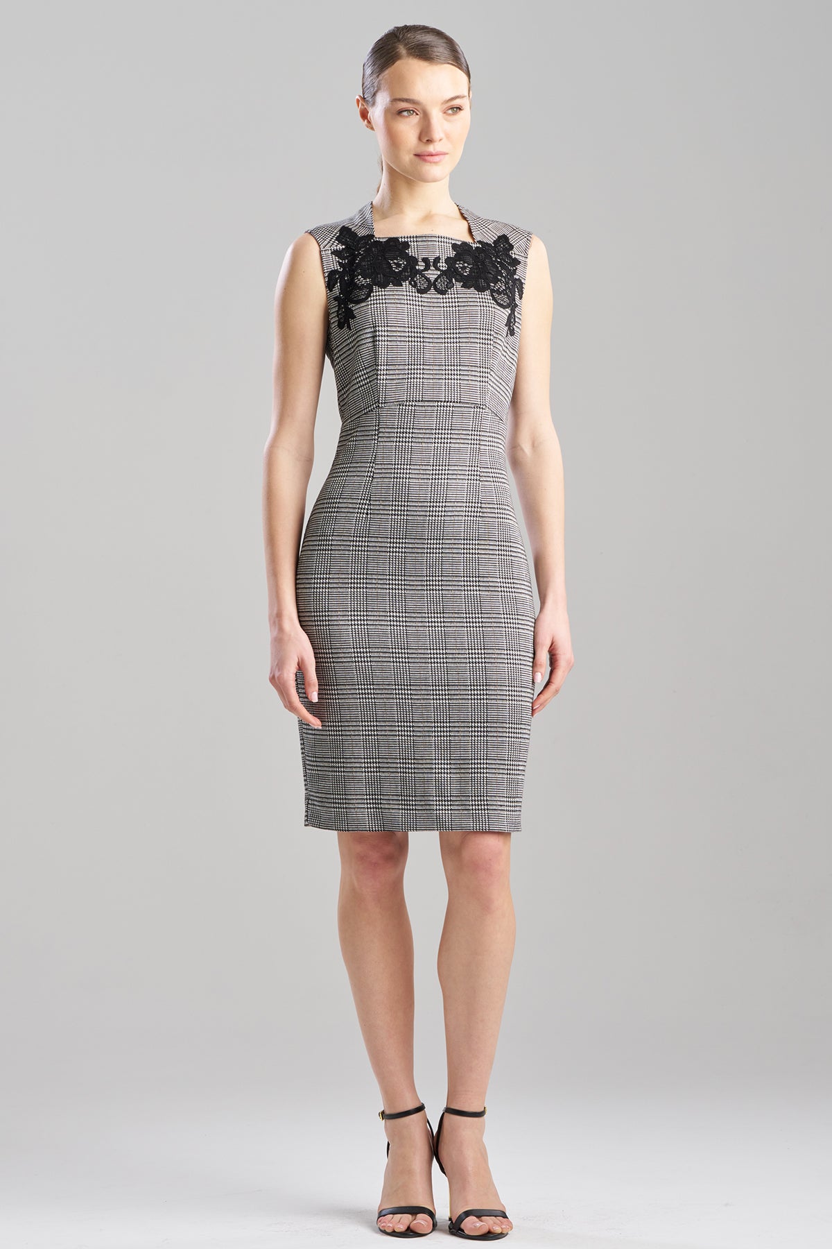 Check Lace Embellished Sheath Dress - GreyBlack