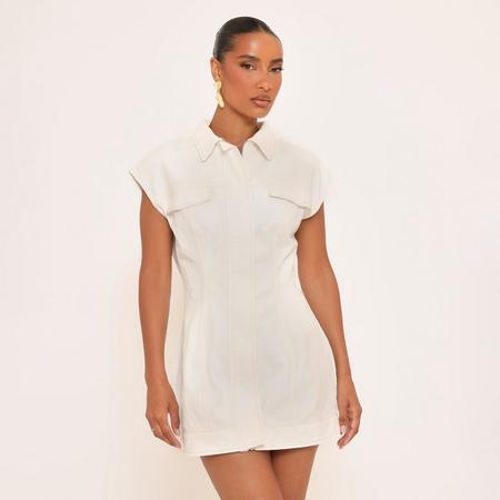 Short Sleeve Ced Waist Detail Mini Dress In White Denim, Women's Size