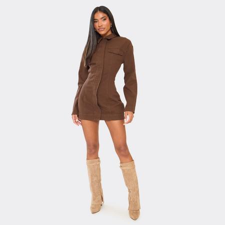 Long Sleeve Collared C Waist Mini Dress In Chocolate Brown Denim, Women's Size