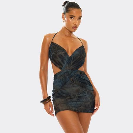Halterneck Cross Over Detail Cut Out Mini Dress In Blue Animal Print, Women's Size