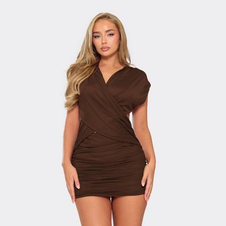 Cross Over Ruched Detail Mini Dress In Chocolate Brown Mesh, Women's Size