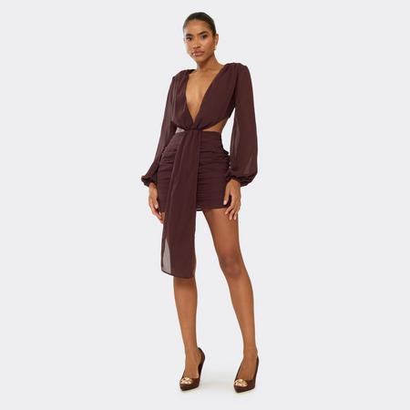 Long Sleeve Plunge Drape Detail Mini Dress In Chocolate Brown Chiffon, Women's Size