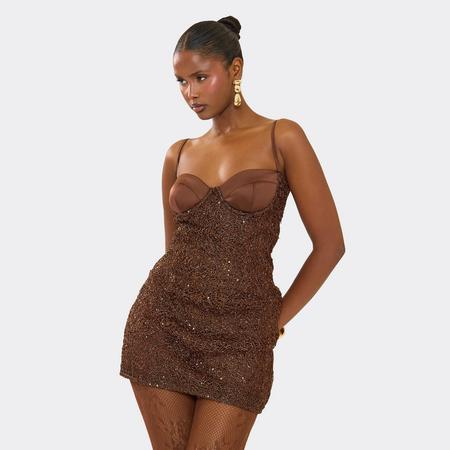 Contrast Cup Detail Strappy Mini Dress In Brown Metallic Texture, Women's Size
