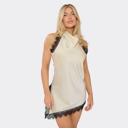 Cowl High Neck Lace Trim Asymmetric Hem Detail Mini Dress In Cream Satin, Women's Size