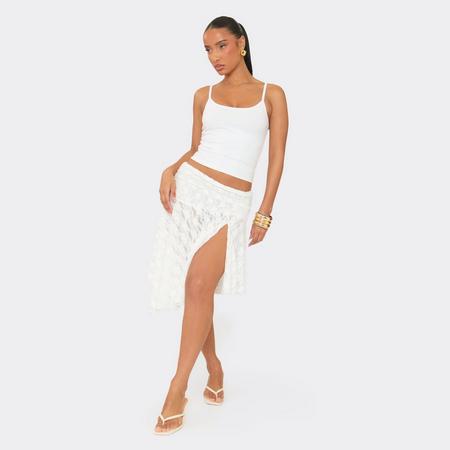 Ruched Waist Asymmetric Hem Midi Skirt In White Lace, Women's Size