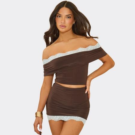Bardot Lace Trim Top In Chocolate Brown Slinky, Women's Size