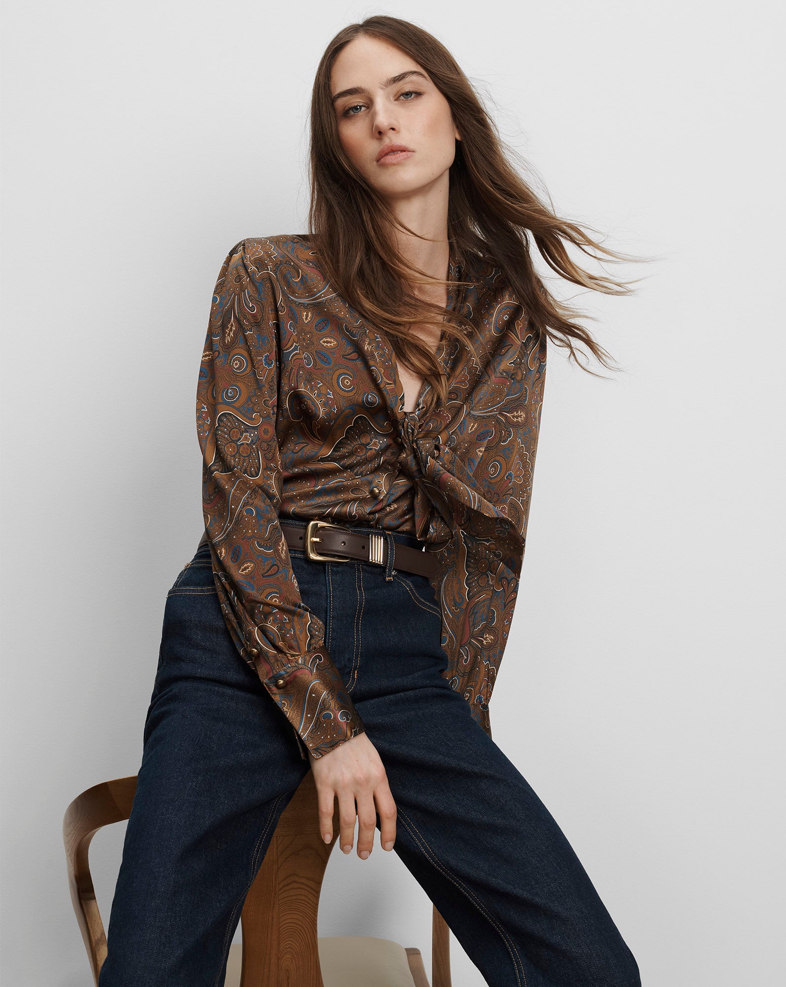 Veronica Beard Francine Tie-Neck Blouse Walnut Multi