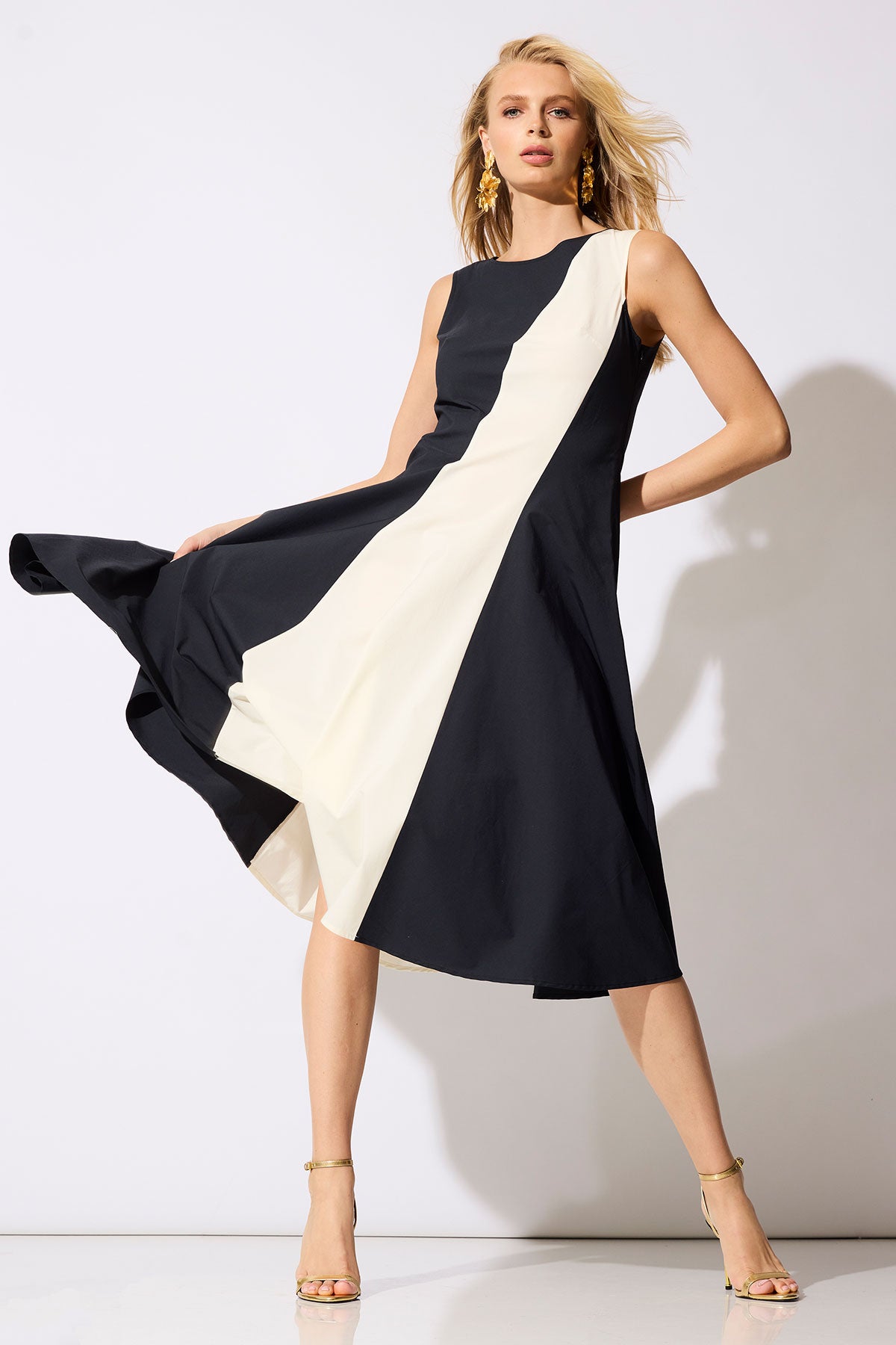 Color Block Tech Cotton Taffeta Asymmetric Dress - BlackWhite