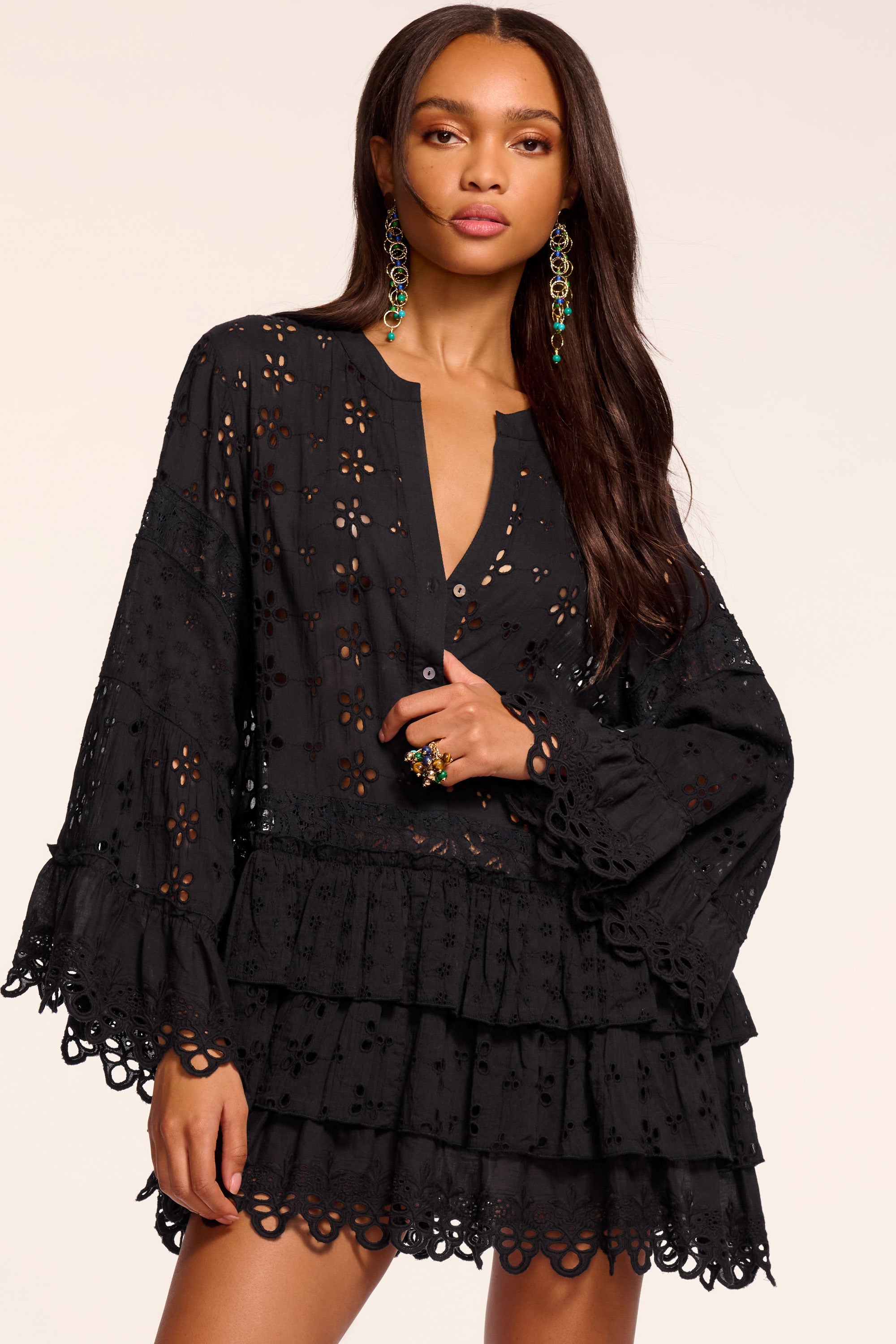 Roxanne Cotton Eyelet Coverup Mini Dress in Black