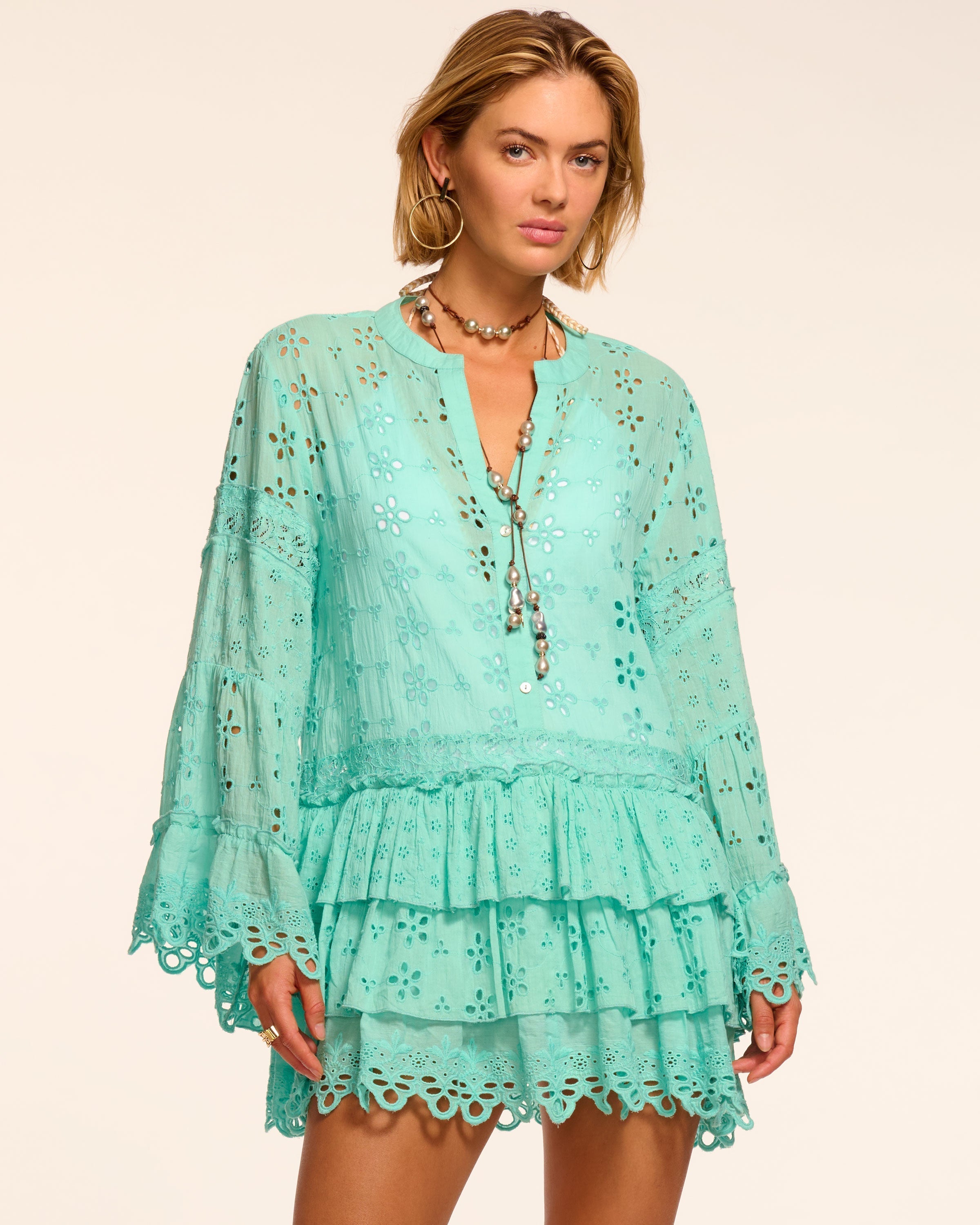 Roxanne Cotton Eyelet Coverup Mini Dress in Seaglass
