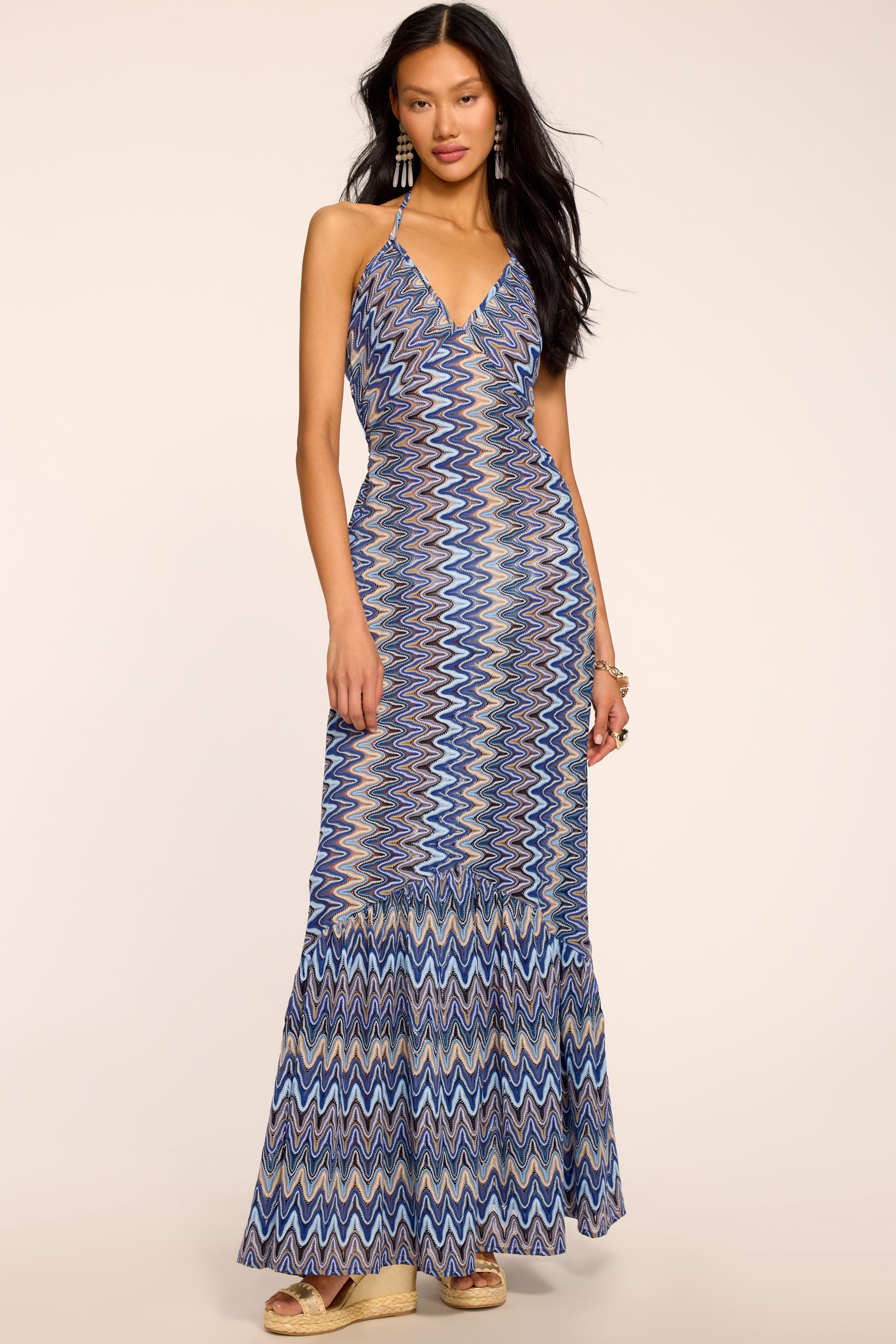 Delilah Chevron Knit Coverup Maxi Dress in Ocean zigzag