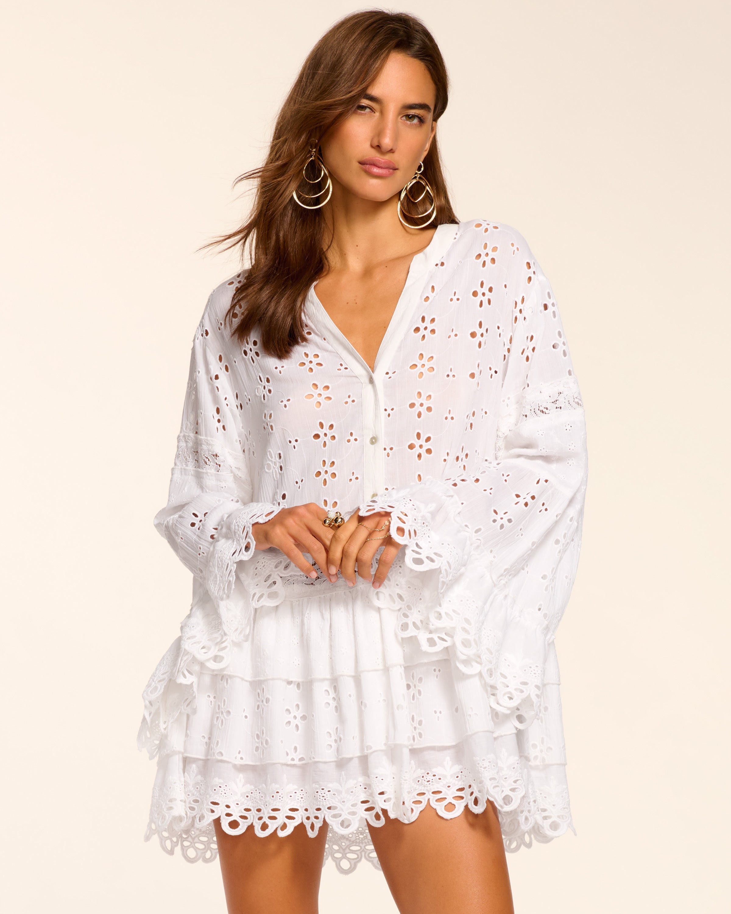 Roxanne Cotton Eyelet Coverup Mini Dress in White