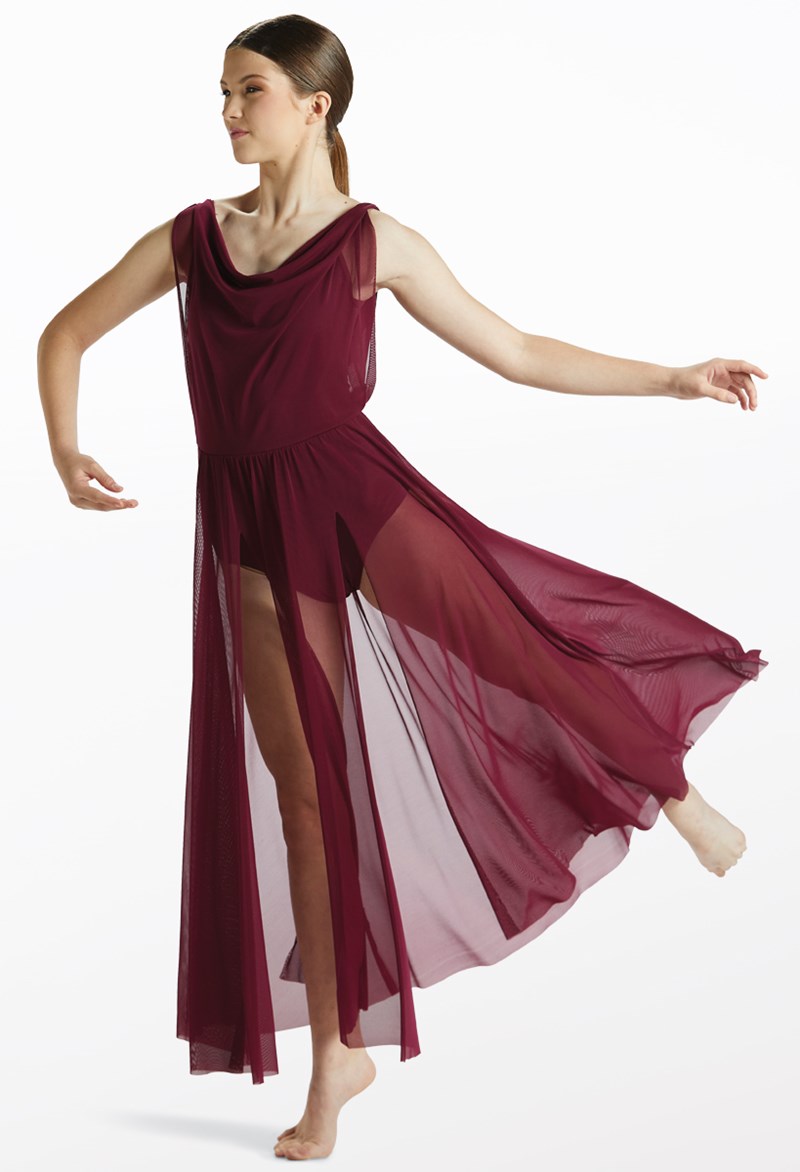 Double Cowl Mesh Maxi Dress - Black Cherry - Medium Adult - Dance Dress D