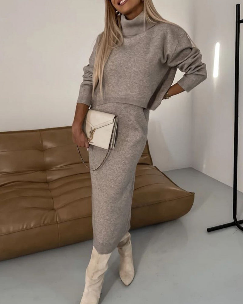 Elegant Two-piece Set Midi Dress and Turtle Neck Sweater Skirt Set - Brown M
