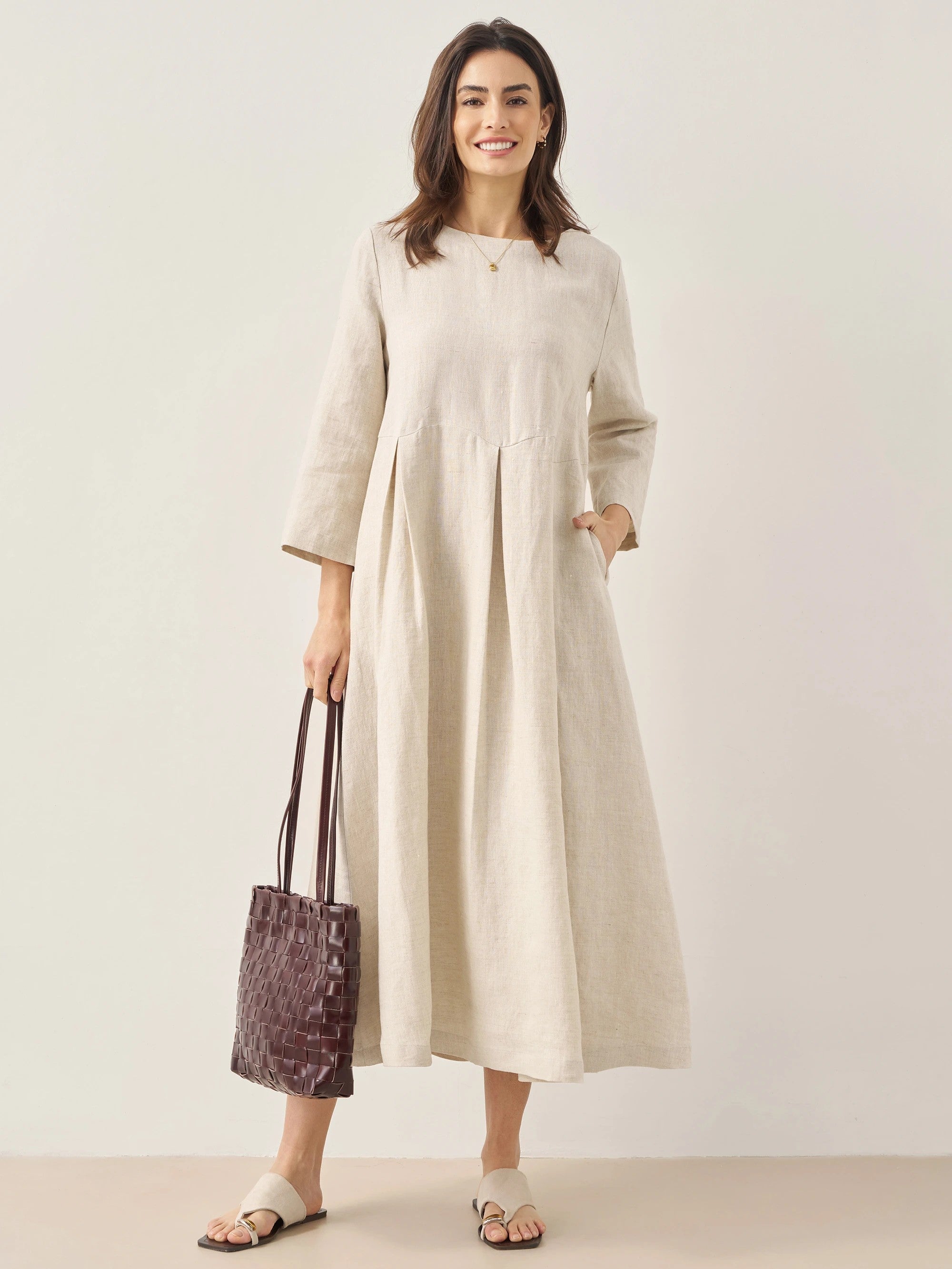 % Linen Bateau Neck Pleated Maxi Dress ABIGAIL