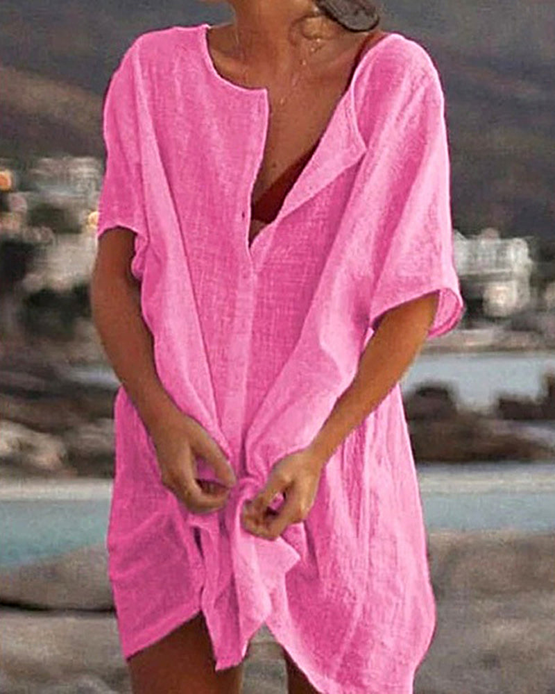 V Neck Solid Color Comfortable Shirt Short Sleeves Shirt Dress - Pink