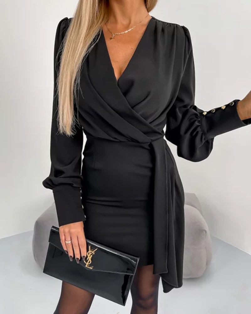 Solid Color Long Sleeve V Neck Zipper Dress - Black S