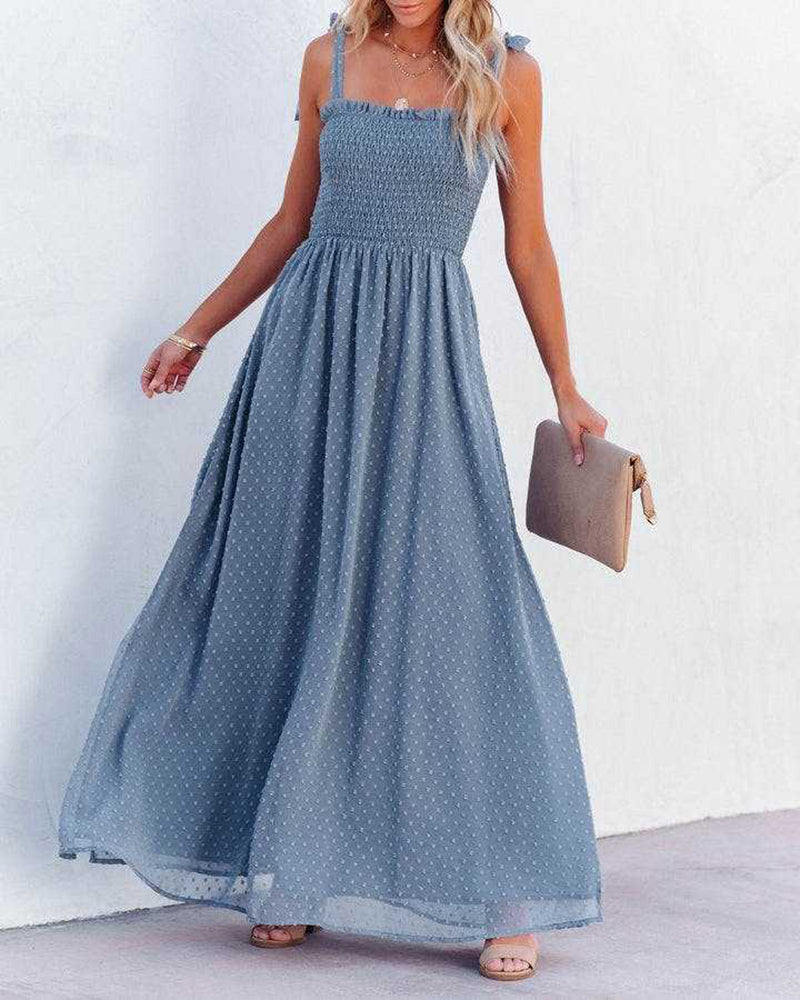 Zeagoo Women's Boho Spaghetti Strap Square Neck Polka Dot Flare Beach Maxi Dress - Navy blue S