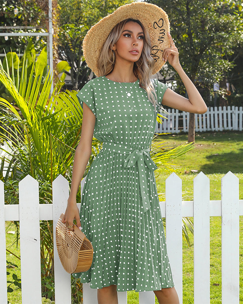 Polka Dot Midi Modest Summer Dress for Women High Waist Short Sleeve with Belt - Light Green