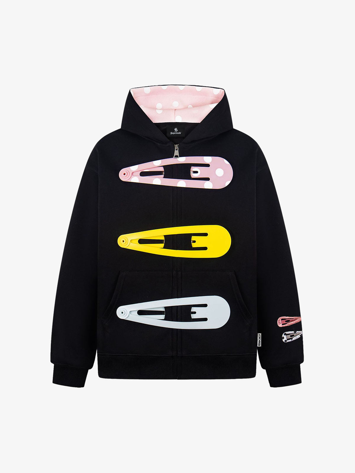 Detachable Hair Clip Decoration Zip Up Hoodie - Black Hoodie
