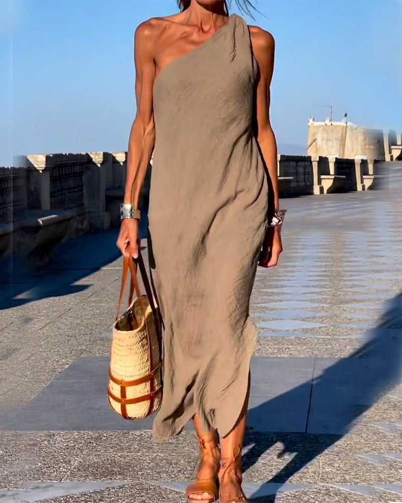 Zeagoo Women's Casual One-shoulder sleeveless Loose Fit Cotton Linen Midi Dress - Khaki