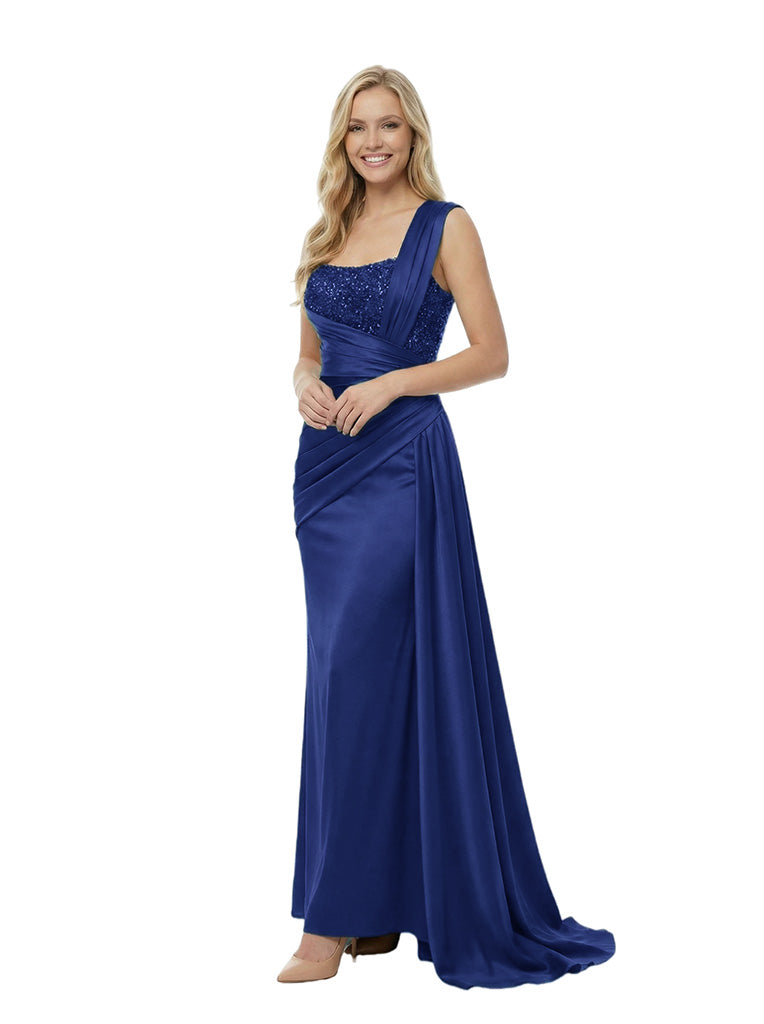 Stunning One Shoulder Sequin Satin Prom Gown Unique Mermaid Long Dress With Waist Drape