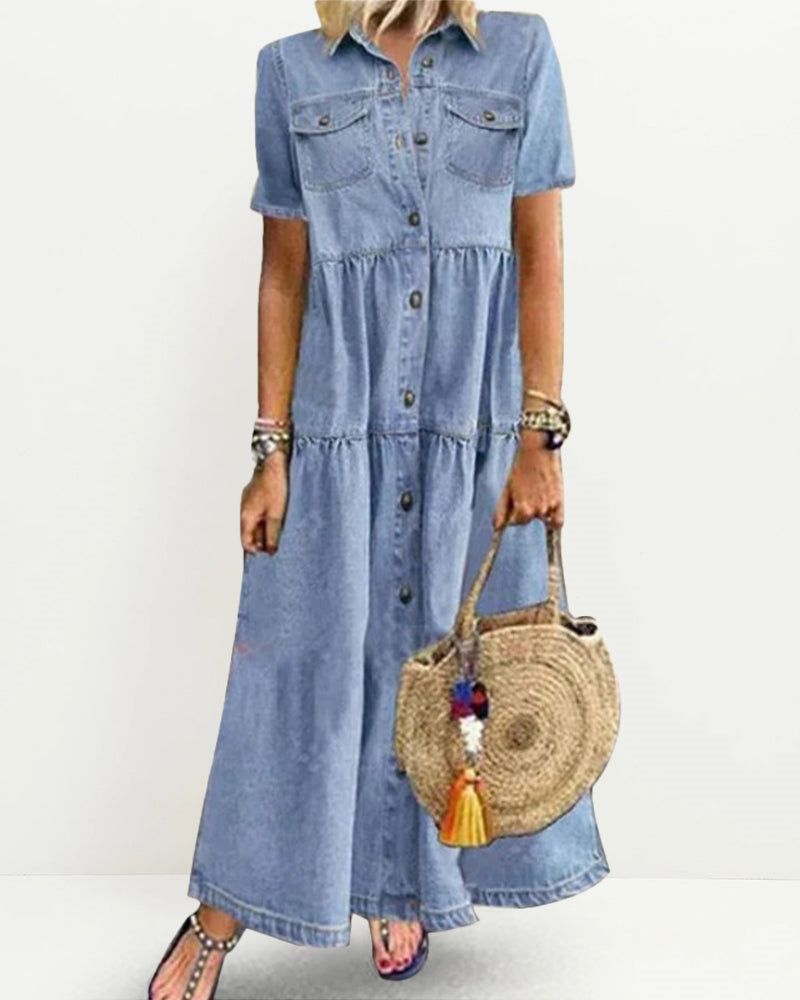 Vintage Denim Dress Short Sleeve Turn Down Collar Pockets Button Up Shift Summer Long Loose Dress - Light Blue L-