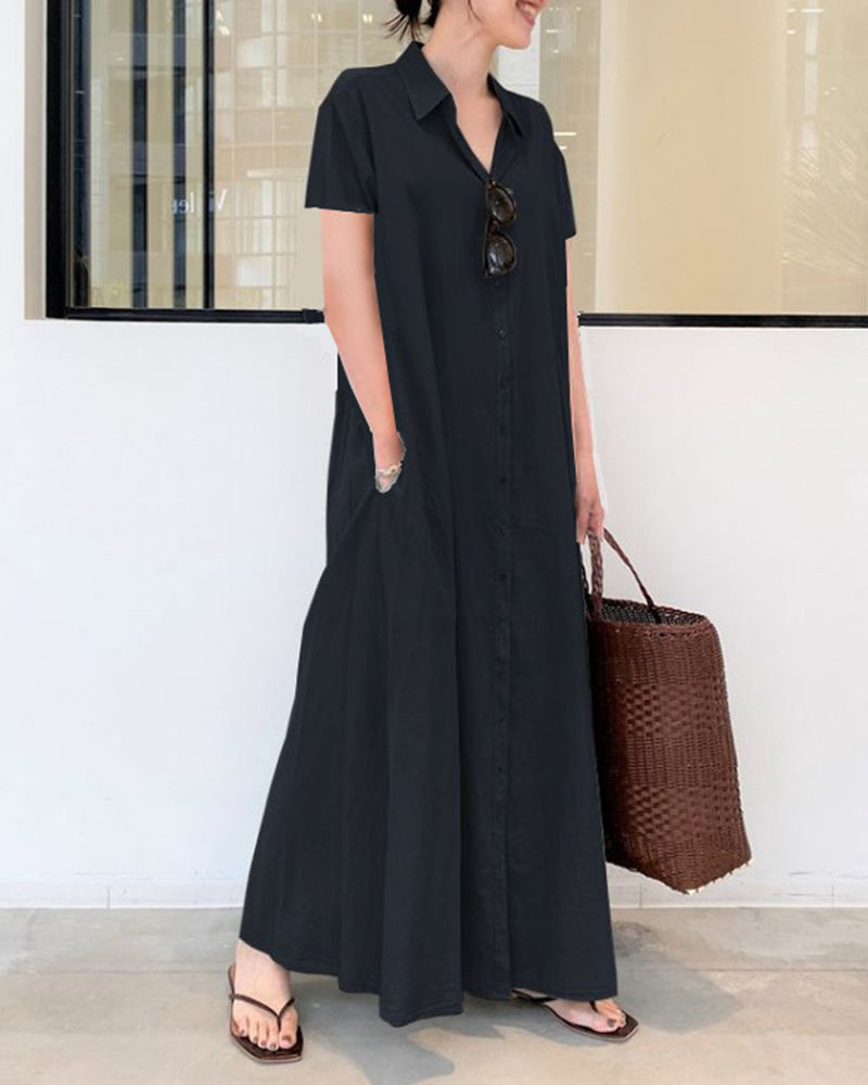 Zeagoo Women's Casual Loose Short Sleeve Beach Dress Solid Color Loose Temperament Long Shirt Dress - Navy blue L-