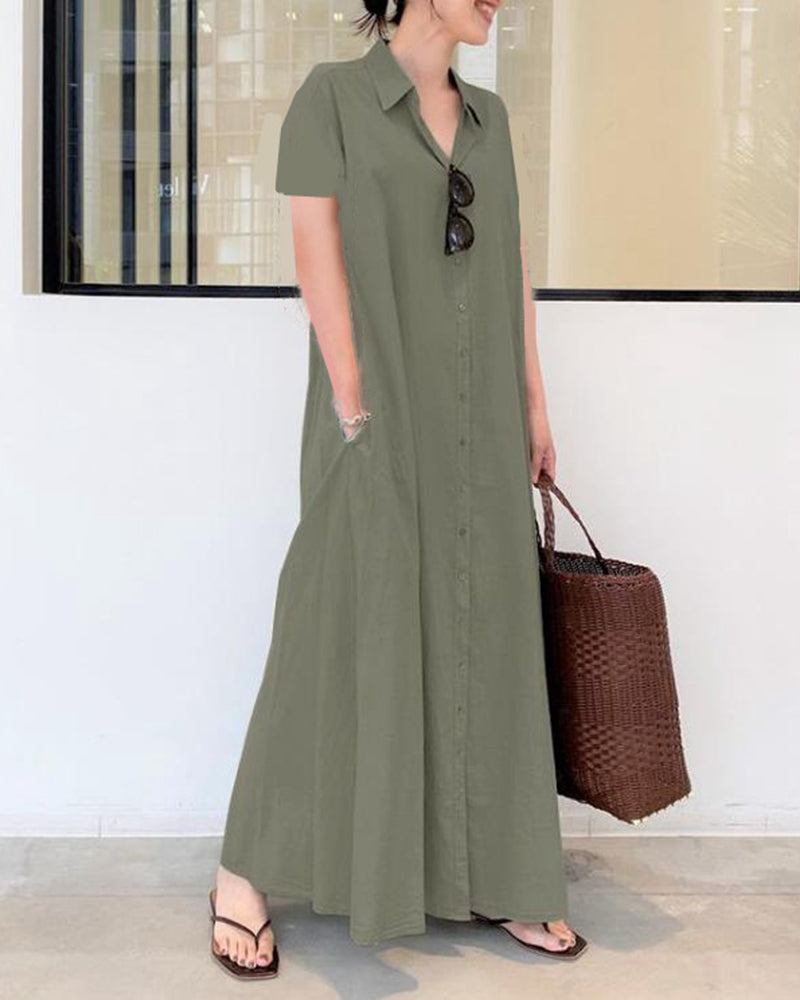 Zeagoo Women's Casual Loose Short Sleeve Beach Dress Solid Color Loose Temperament Long Shirt Dress - Army Green L-