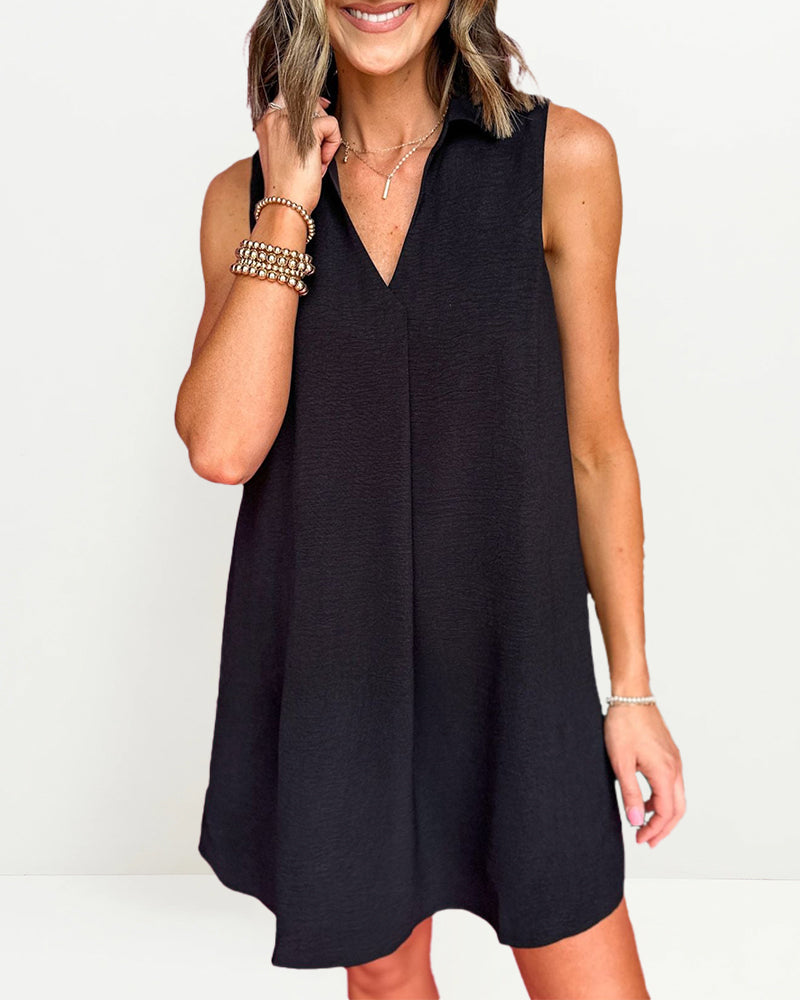 Sleeveless Collared Crepe Dress - Black