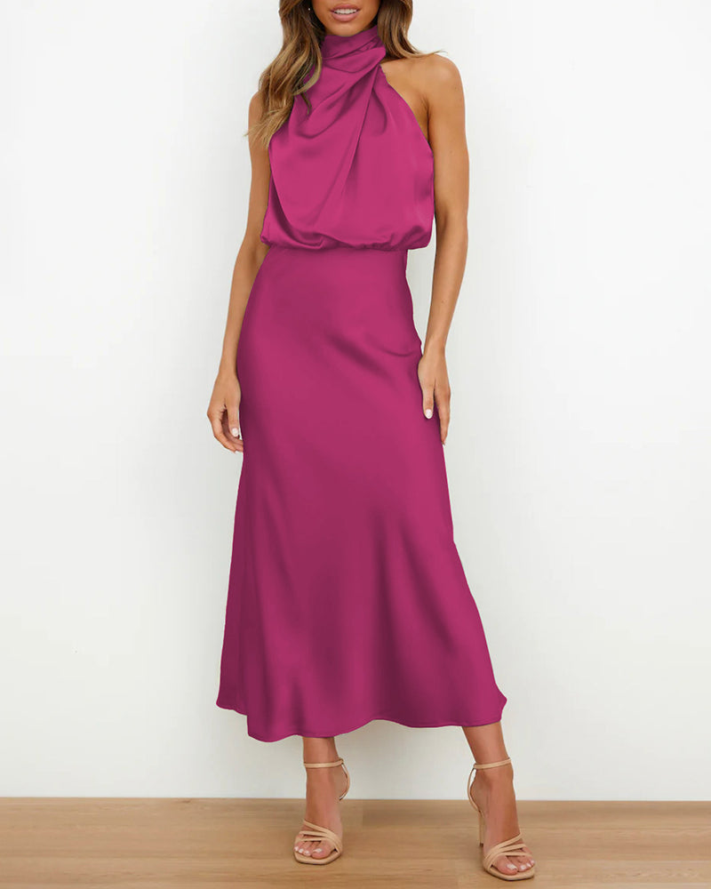 Long Formal Satin Dress Mock Neck High Neck Evening Dress - Rose Red M