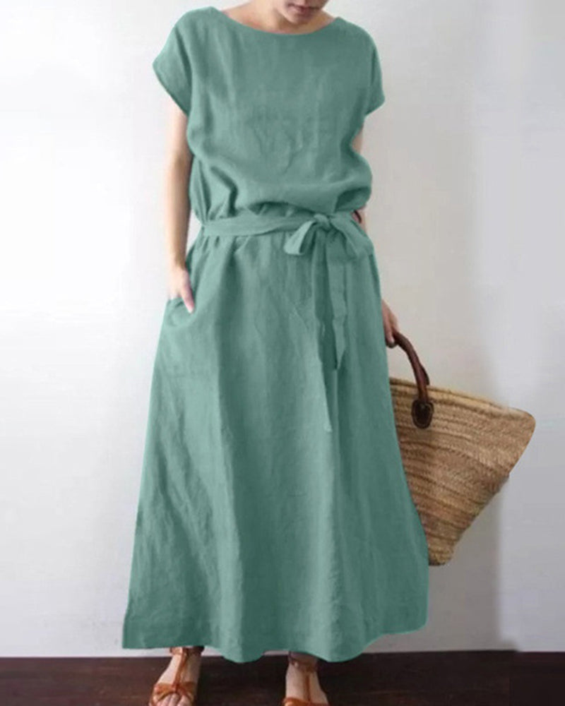 Long Maxi Crew Neck Dress with Belt High Waist with Pockets Conton Dress - Light Green S