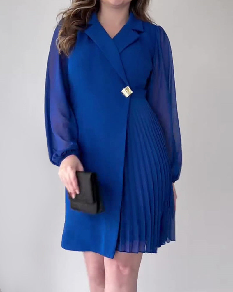 Solid Color Lapel Pleated Blazer Dress - Blue