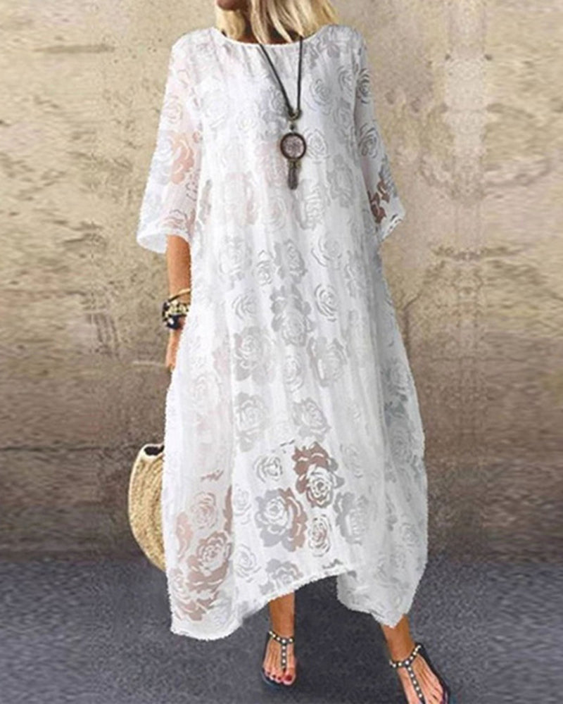 Zeagoo Women's Sleeve Floral Lace Mesh Crew Neck Long Dress - White